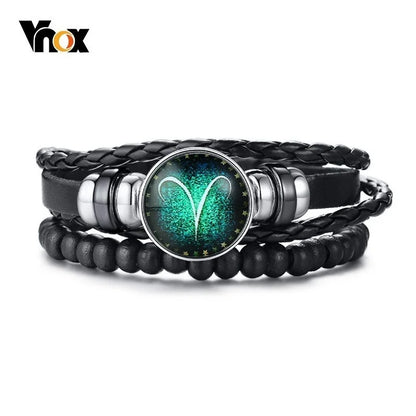 Vnox Aries 12 Horoscope Multi-layer Leather Rope Bracelets for Men Women Gifts Vintage pulseira Jewelry