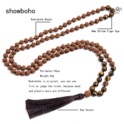 Original Rudraksha&8mm Yellow Tiger Eyes Beads Knotted Tibetan Necklace 108Japa Mala Meditation Yoga Jewelry Sets with OM Amulet