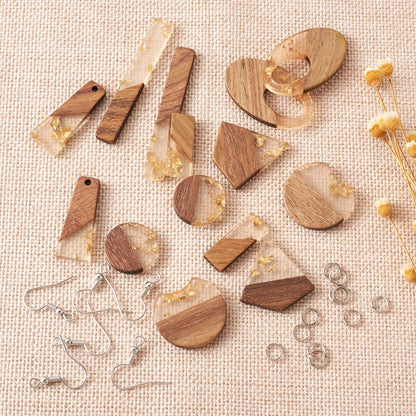 1Box Resin & Walnut Wood Pendants for Dangle Earrings Making Charm Earring Hooks Jump Ring Handmade Wooden Earrings Supplies Kit