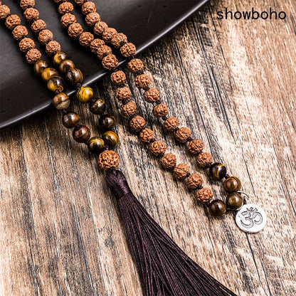 Original Rudraksha&8mm Yellow Tiger Eyes Beads Knotted Tibetan Necklace 108Japa Mala Meditation Yoga Jewelry Sets with OM Amulet