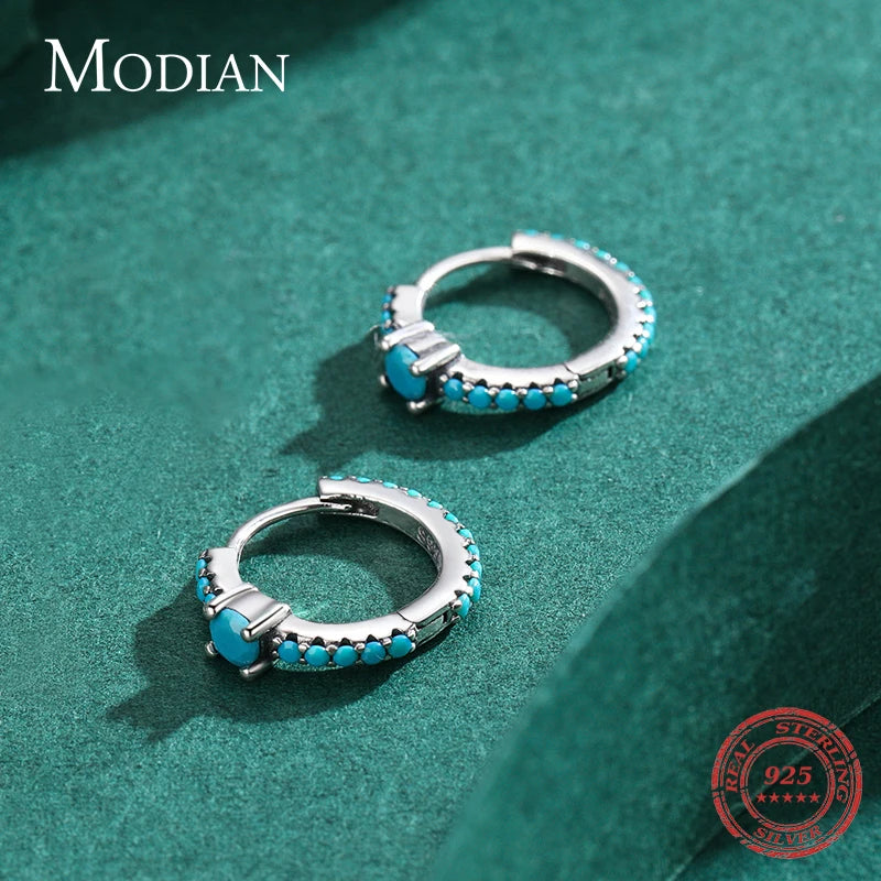MODIAN Vintage Natural Turquoise Hoop Earrings Solid 925 Sterling Silver Luxury Trendy Earring For Women Wedding Jewelry Brincos