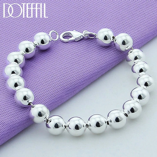 DOTEFFIL 925 Sterling Silver 24K Gold 8mm/10mm Hollow Circle Ball Beads Silver Beaded 20cm Bracelet Woman Charm Fashion Jewelry