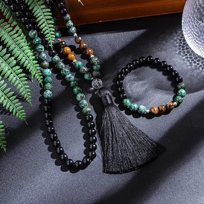 8mm African Turquoise Black Agate Yellow Tiger Eye Beads Japamala Necklace Bracelet Set Meditation Yoga Jewelry 108 Mala Rosary