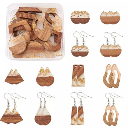 1Box Resin & Walnut Wood Pendants for Dangle Earrings Making Charm Earring Hooks Jump Ring Handmade Wooden Earrings Supplies Kit