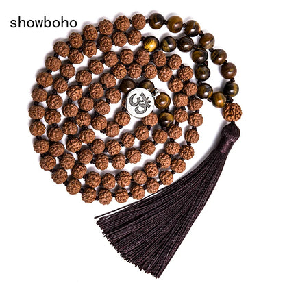 Original Rudraksha&8mm Yellow Tiger Eyes Beads Knotted Tibetan Necklace 108Japa Mala Meditation Yoga Jewelry Sets with OM Amulet