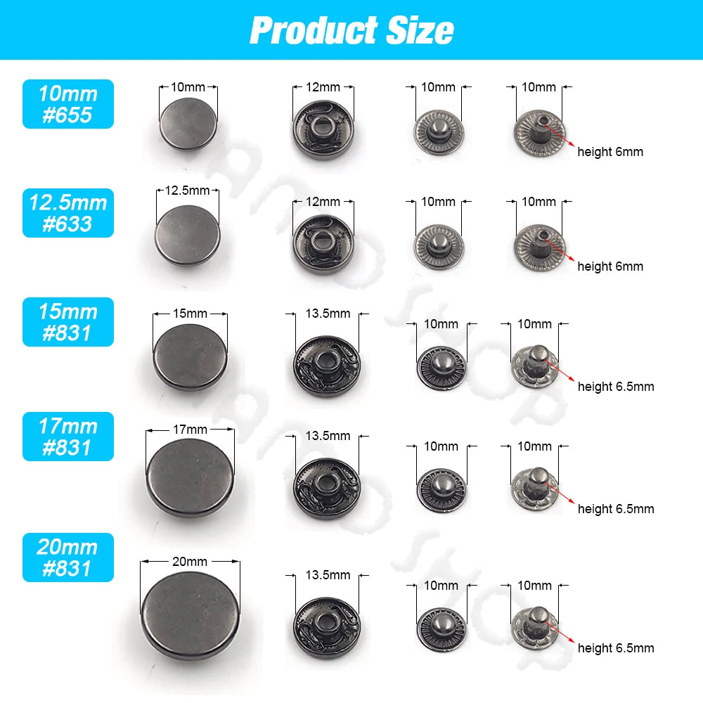 50set Snap Fasteners Metal Snaps Press Button Studs Optional Installation Tools Kit For Leathercraft Clothes Garment Bags Shoes