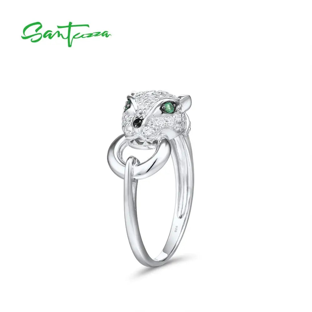 SANTUZZA 925 Sterling Silver Ring For Women Green Spinel White Cubic Zirconia Leopard Panther Rings Party Trendy Fine Jewelry