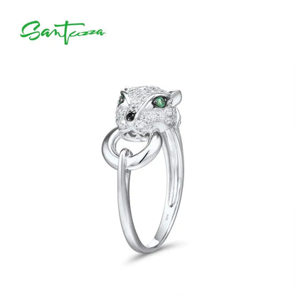 SANTUZZA 925 Sterling Silver Ring For Women Green Spinel White Cubic Zirconia Leopard Panther Rings Party Trendy Fine Jewelry