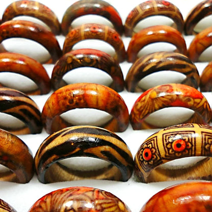 50Pcs Fashion Wooden Finger Rings For Women & Men Wood Leopard Mixed Pattern Jewelry Bulks Lots Women Mens Christmas Gift LB001