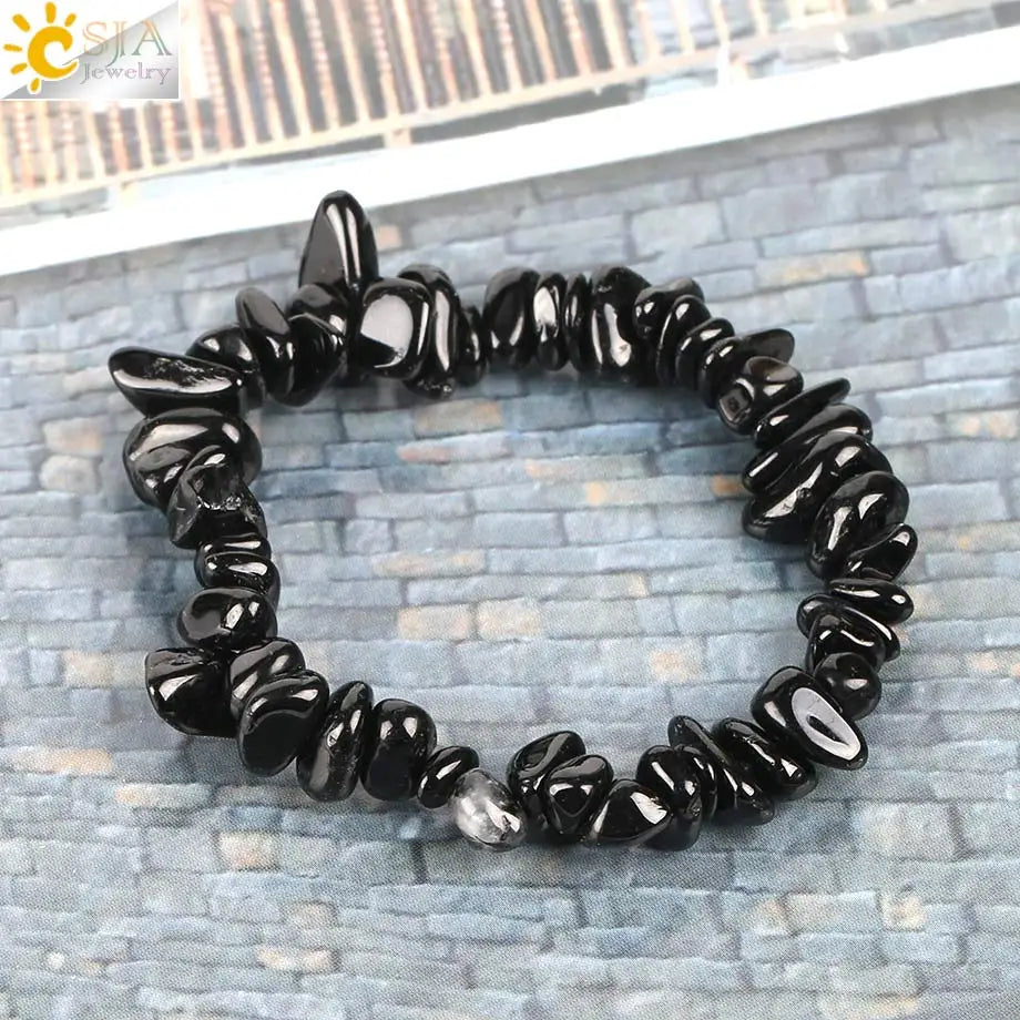 CSJA Black Tourmaline Bracelets for Women Crystal Bracelets Chip Beads Chakra Natural Gem Stone Reiki Healing Meditation E705