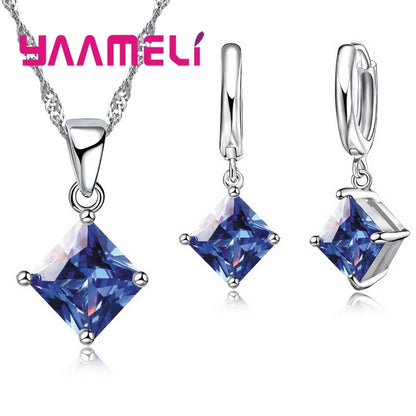 New Fashion Women Pendants Necklace Simple Geometry Square Earrings Crystal 925 Sterling Silver Jewelry Sets for Wedding