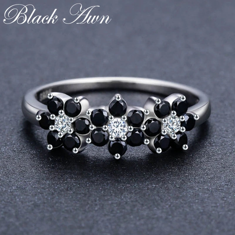 2023 New Cute Silver Color Jewelry Flower Bague Black Spinel Wedding Rings for Women Girl Party Gift C464