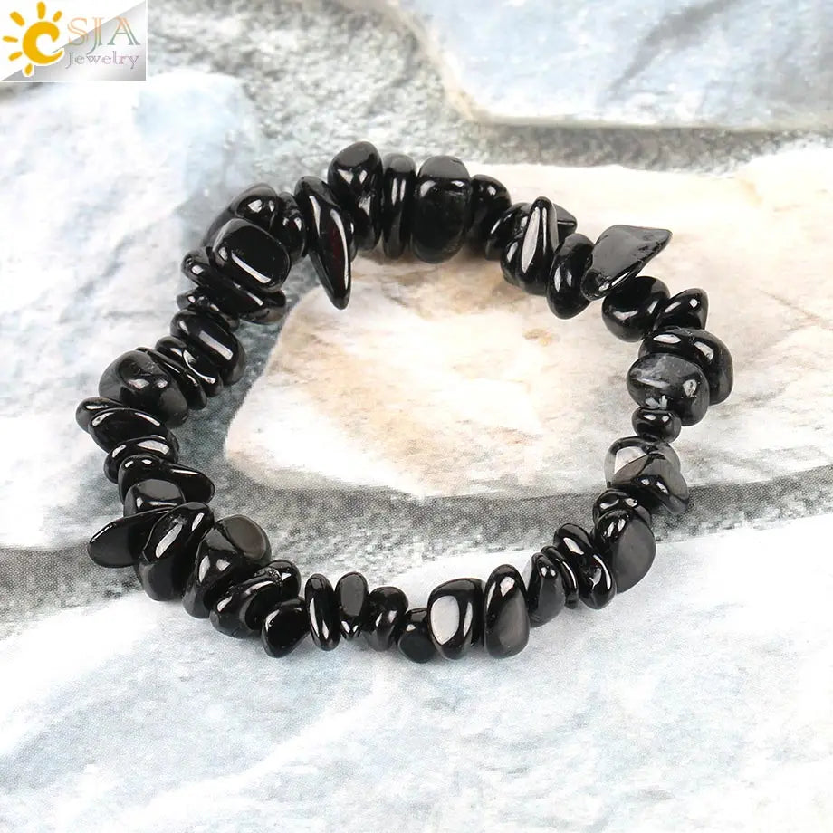 CSJA Black Tourmaline Bracelets for Women Crystal Bracelets Chip Beads Chakra Natural Gem Stone Reiki Healing Meditation E705