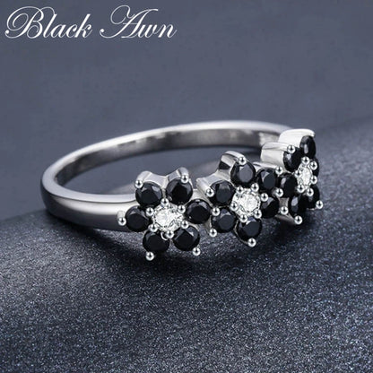 2023 New Cute Silver Color Jewelry Flower Bague Black Spinel Wedding Rings for Women Girl Party Gift C464