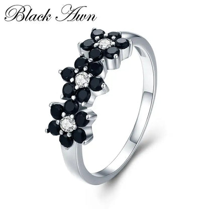 2023 New Cute Silver Color Jewelry Flower Bague Black Spinel Wedding Rings for Women Girl Party Gift C464