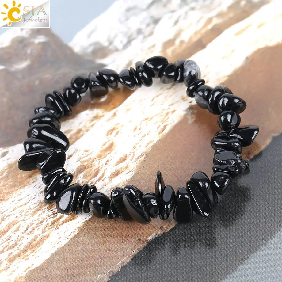 CSJA Black Tourmaline Bracelets for Women Crystal Bracelets Chip Beads Chakra Natural Gem Stone Reiki Healing Meditation E705