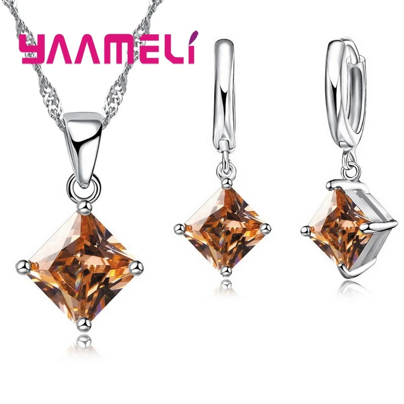 New Fashion Women Pendants Necklace Simple Geometry Square Earrings Crystal 925 Sterling Silver Jewelry Sets for Wedding