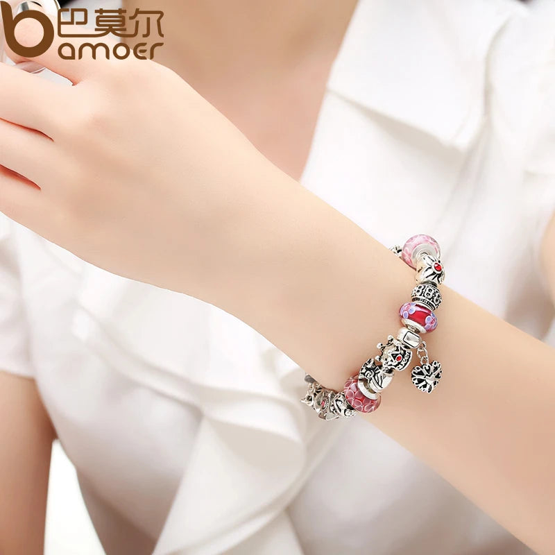 BAMOER Queen Jewelry Charms Bracelet & Bangles With Queen Crown Beads Bracelet for Women PA1823