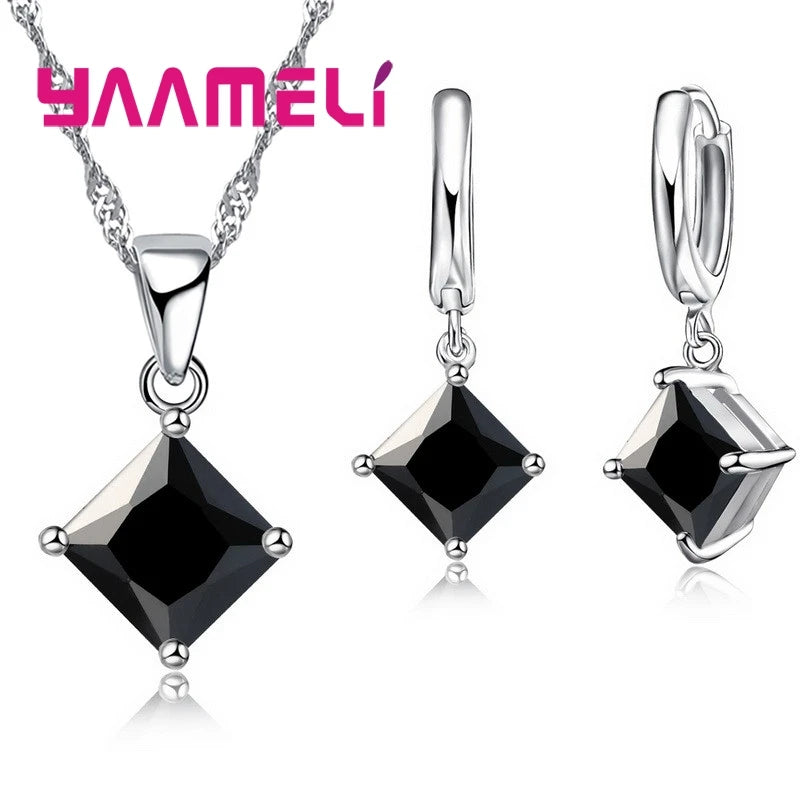 New Fashion Women Pendants Necklace Simple Geometry Square Earrings Crystal 925 Sterling Silver Jewelry Sets for Wedding