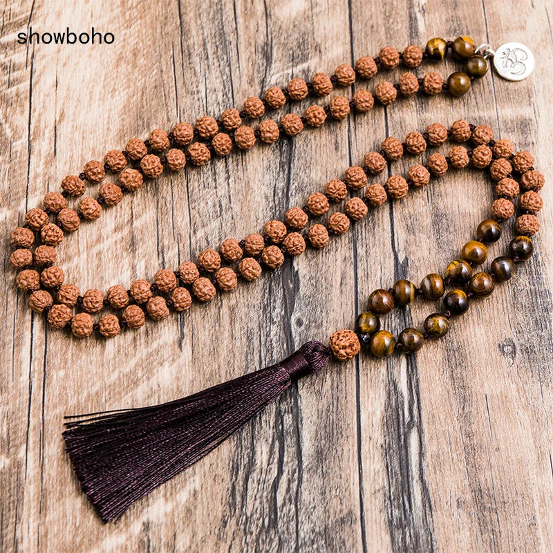 Original Rudraksha&8mm Yellow Tiger Eyes Beads Knotted Tibetan Necklace 108Japa Mala Meditation Yoga Jewelry Sets with OM Amulet