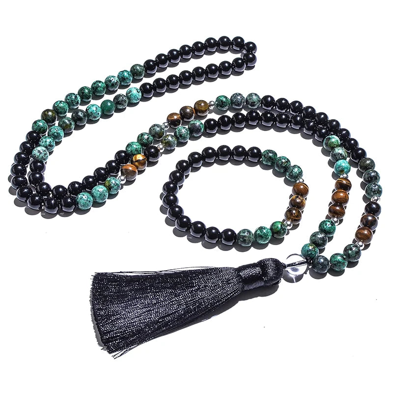 8mm African Turquoise Black Agate Yellow Tiger Eye Beads Japamala Necklace Bracelet Set Meditation Yoga Jewelry 108 Mala Rosary