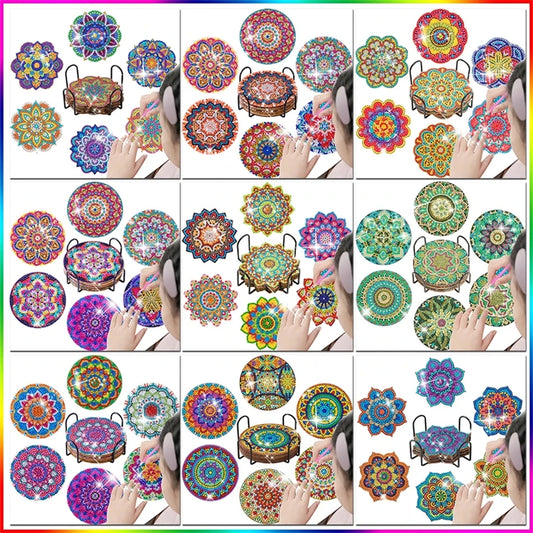 PhotoCustom 6Pcs DIY Diamond Painting Mandala Flowers Coaster Drink Cup Cushion Diamond Embroidery Kit For Kitchen Decor Set
