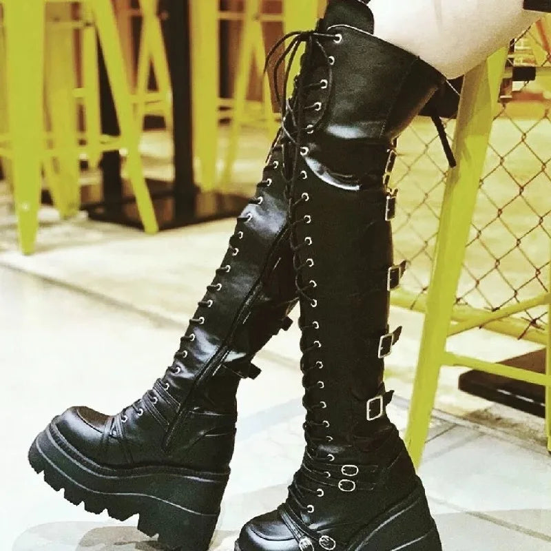 Gothic Thigh High Boots Women Platform Wedges Motorcycle Boot Over The Knee Army Stripper Heels Punk Lace-up Belt Buckle Long