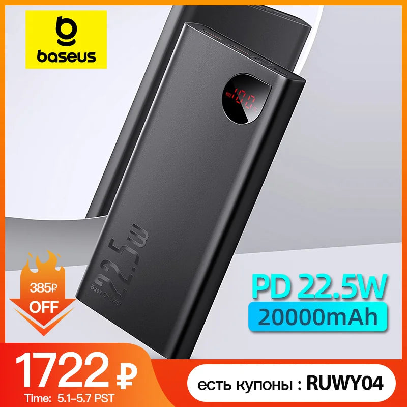 Baseus 22.5W Power Bank 20000mAh Portable Fast Charging Powerbank Type C PD Qucik Charge External Battery Charger For iPhone 15