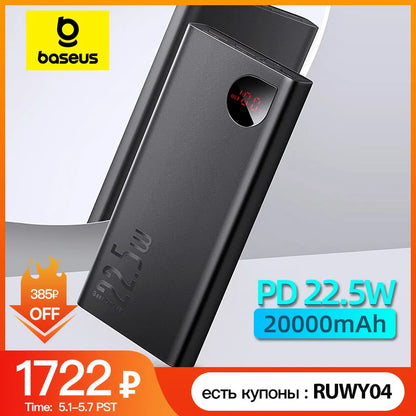 Baseus 22.5W Power Bank 20000mAh Portable Fast Charging Powerbank Type C PD Qucik Charge External Battery Charger For iPhone 15