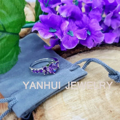 YANHUI Eternity Wedding Band for Women Pure White Gold Color Original Tibetan Silver Rings Simulated Amethyst Rings Gift Jewelry