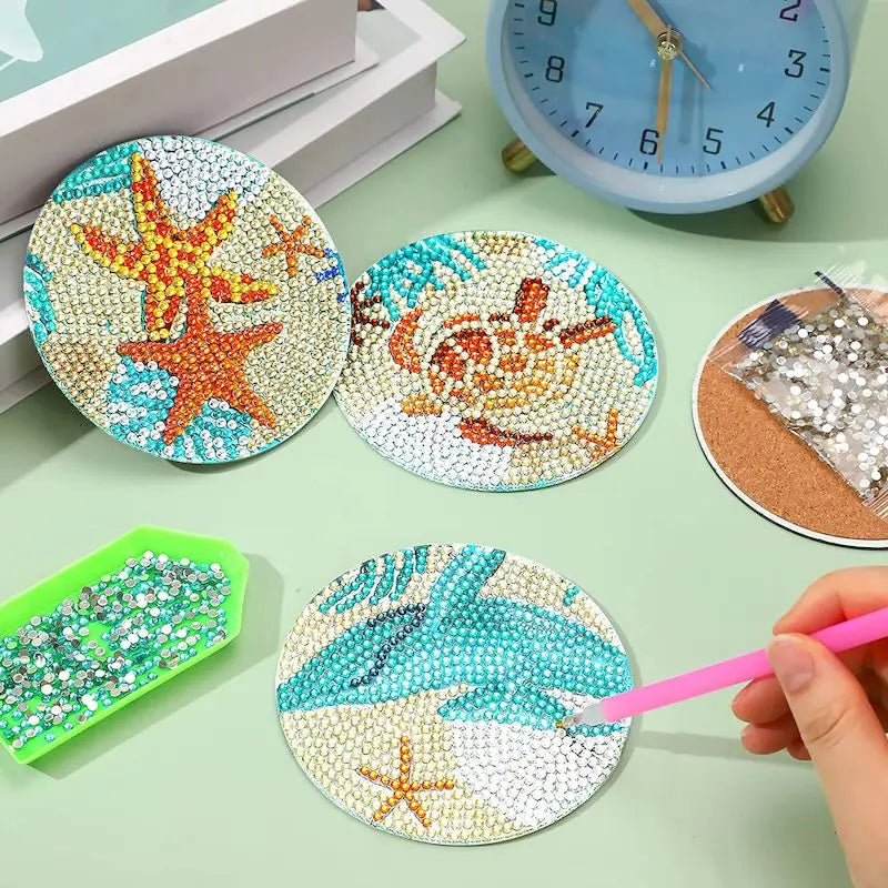 PhotoCustom 6Pcs DIY Diamond Painting Mandala Flowers Coaster Drink Cup Cushion Diamond Embroidery Kit For Kitchen Decor Set