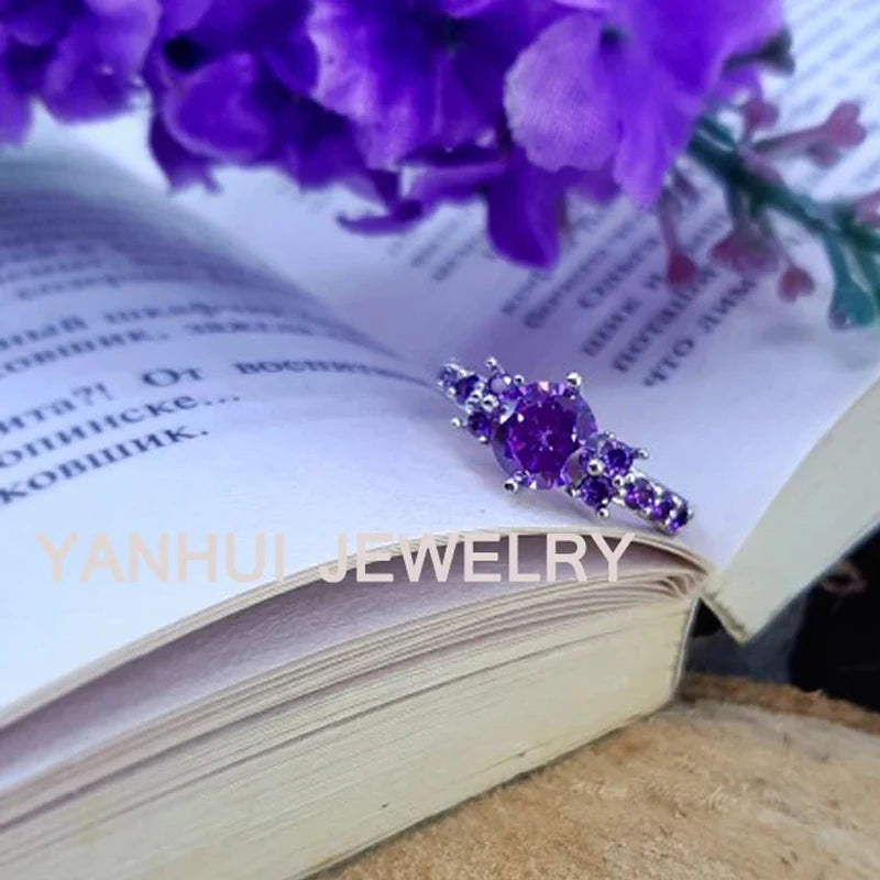 YANHUI Eternity Wedding Band for Women Pure White Gold Color Original Tibetan Silver Rings Simulated Amethyst Rings Gift Jewelry