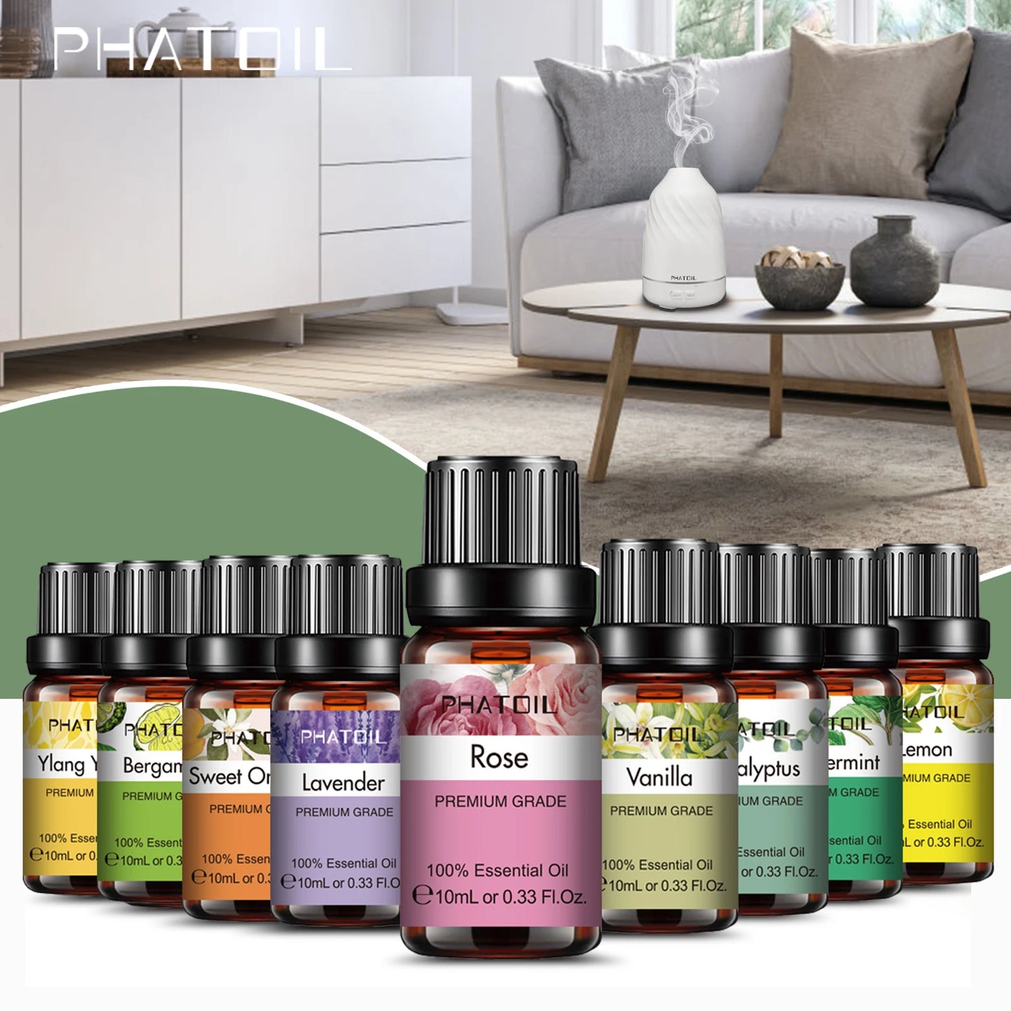 PHATOIL 10ml Pure Natural Rose Essential Oils for Humidifiers Diffuser Yoga Meditation Ylang Bergamot Lavender Vanilla Rosemary