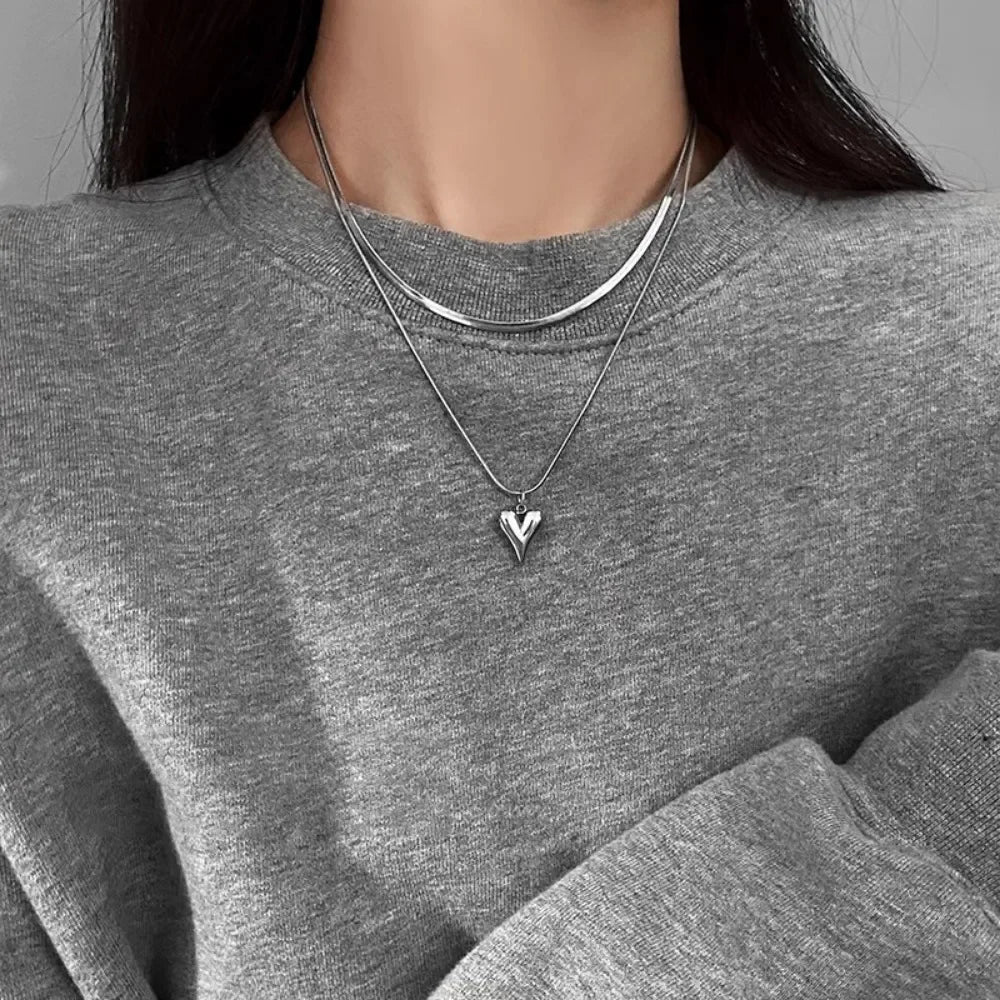 Charm Stainless Steel Double Layer Peach Heart Pendant Necklace Jewelry for Women Cute Cool Clavicle Chain Aesthetic Y2k Jewelry