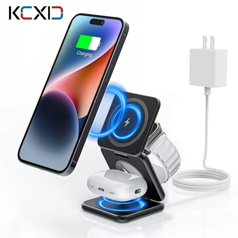 KUXIU Magsafe Wireless Charger, 3 in 1 iphone Charger Foldable Holder for iPhone 15 14 13 12Pro/Max/Plus, AirPods 3/2,iWatch8 9