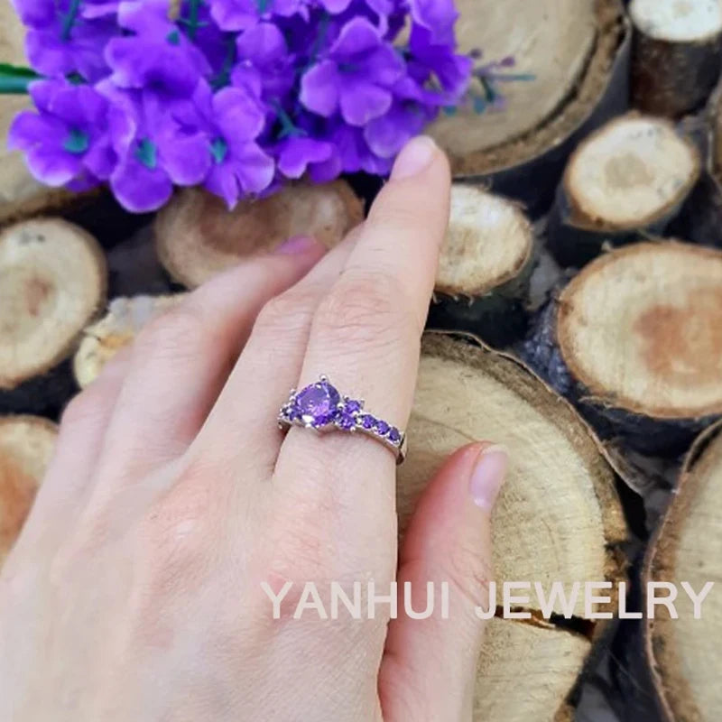 YANHUI Eternity Wedding Band for Women Pure White Gold Color Original Tibetan Silver Rings Simulated Amethyst Rings Gift Jewelry