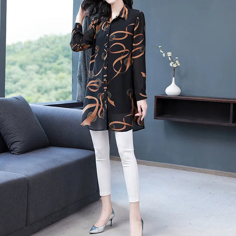 2022 New Summer Soft Comfortable Blouse for Women Lapel Button Up Loose Casual Chiffon Shirt Printed Long Sleeve Midi Cardigan