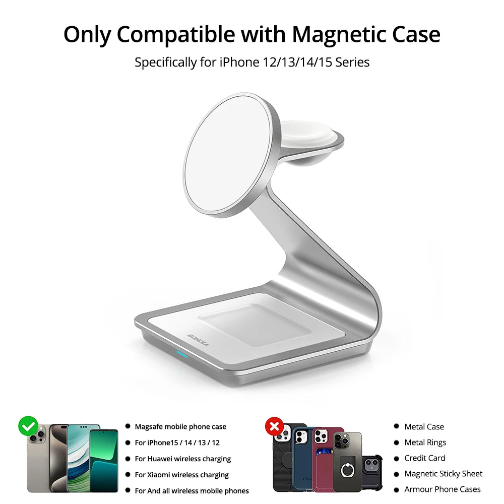 Bonola Magnetic 3 in 1 Wireless Charger for iPhone 15/13/14 Pro Max/12 30W Wireless Charging Station for Apple Watch/AirPods Pro