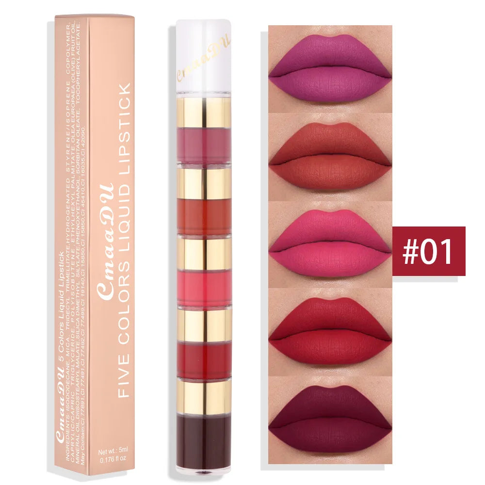 5 In 1 Matte Lipstick Kit Combo Strip Velvet Sexy Red Lip Tint Non-stick Cup Lip Gloss Lip Oil Makeup Lips Cosmetic Set