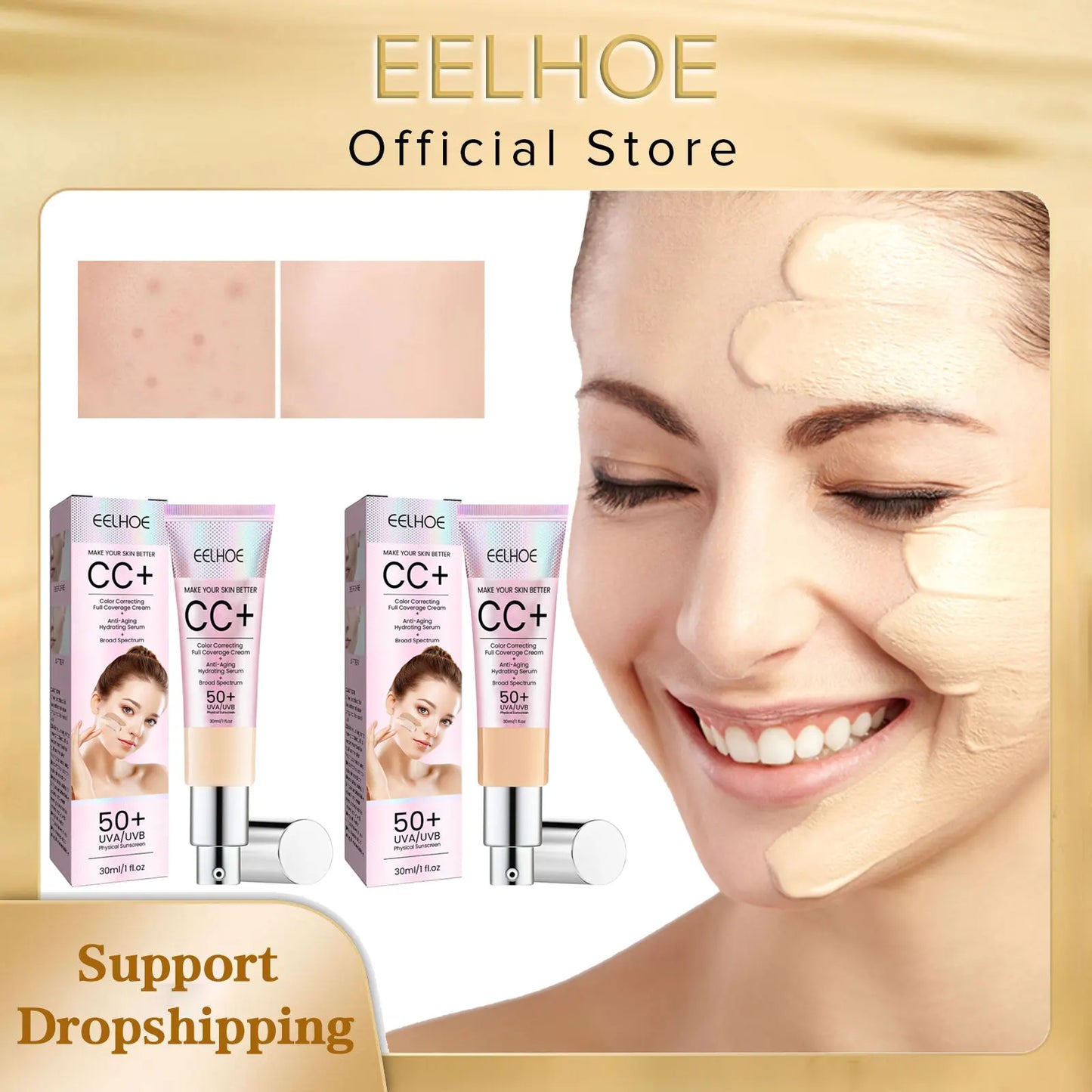 EELHOE Foundation CC Cream Waterproof Concealer Full Coverage Natural Oil-Control Whitening Cosmetics Long Lasting SPF 50 Makeup