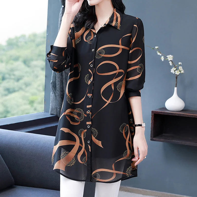 2022 New Summer Soft Comfortable Blouse for Women Lapel Button Up Loose Casual Chiffon Shirt Printed Long Sleeve Midi Cardigan