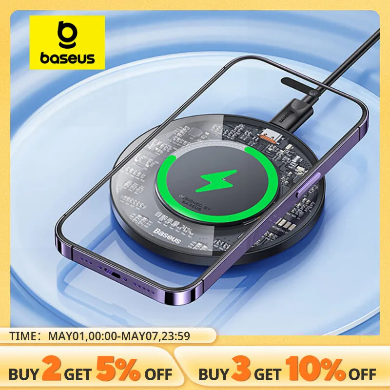 Baseus 15W Fast Wireless Charger For iPhone 15 14 For Airpods Visible Qi Wireless Quick Charging Pad For Samsung S22 Xiaomi LG