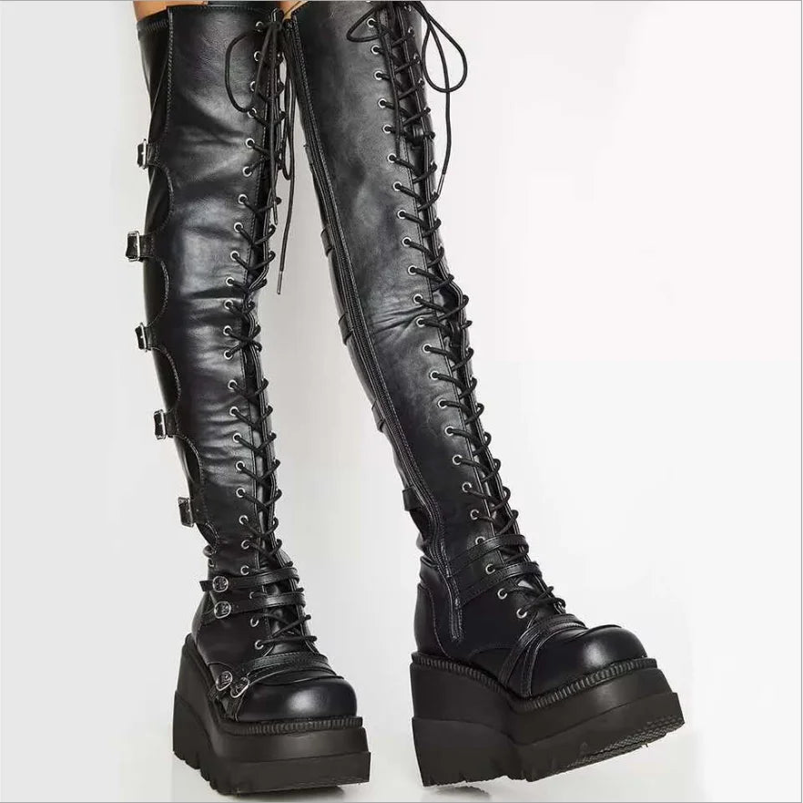 Gothic Thigh High Boots Women Platform Wedges Motorcycle Boot Over The Knee Army Stripper Heels Punk Lace-up Belt Buckle Long