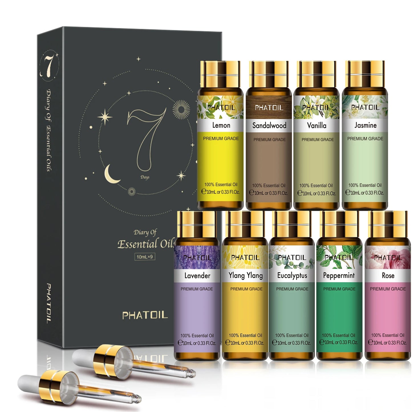 9pcs 10ml Diffuser Aroma Oil Pure Natural Essential Oils Gift Set Kit Rose Lavender Jasmine Eucalyptus Vanilla Mint Ylang Ylang