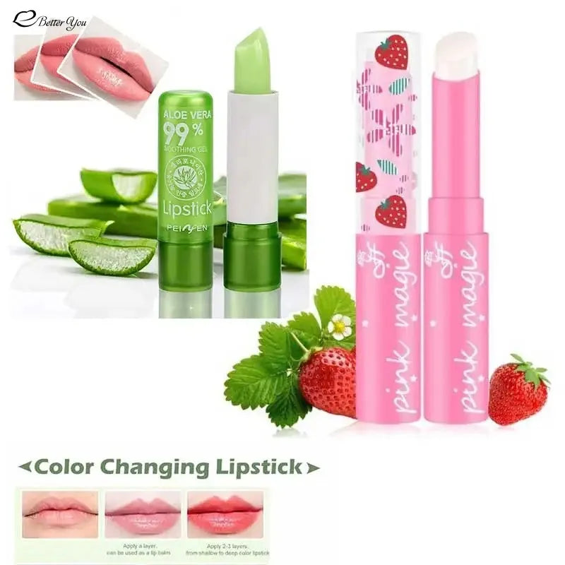 Lip Balm Lipstick Aloe Vera Strawberry Makeup Lip Care Lipstick Color Mood Changing Long Lasting Moisturizing Lipstick Beauty