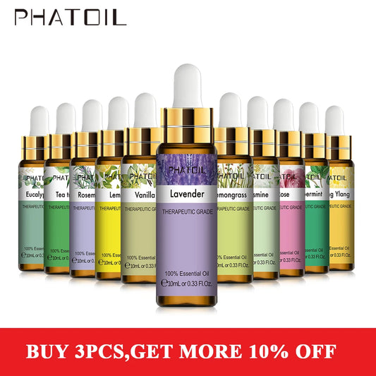 PHATOIL 10ML with Dropper Lavender Eucalyptus Vanilla Pure Natural Essential Oils Rose Jasmine Ylang Ylang Diffuser Aroma Oil