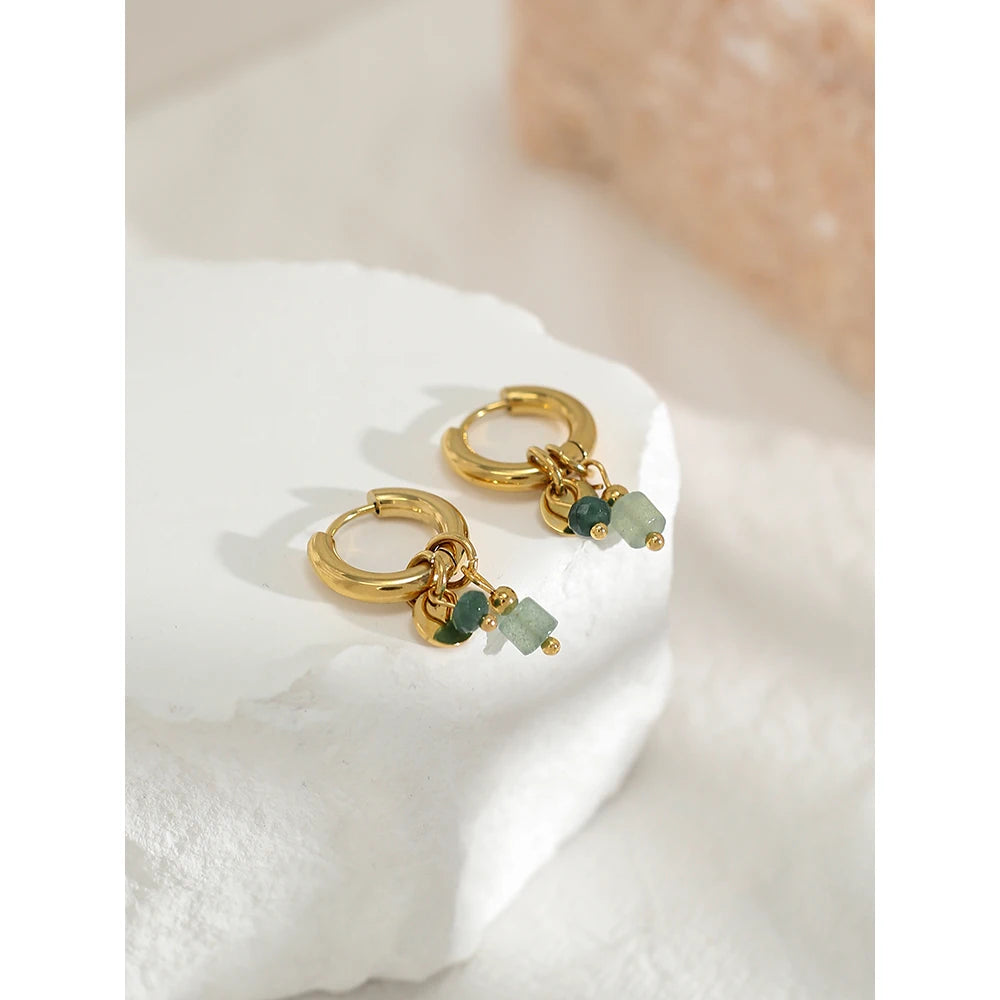 YACHAN 18K Gold Plated Stainless Steel Hoop Earrings for Women Vintage Green Natural Stone Charms Trendy Waterproof Jewelry