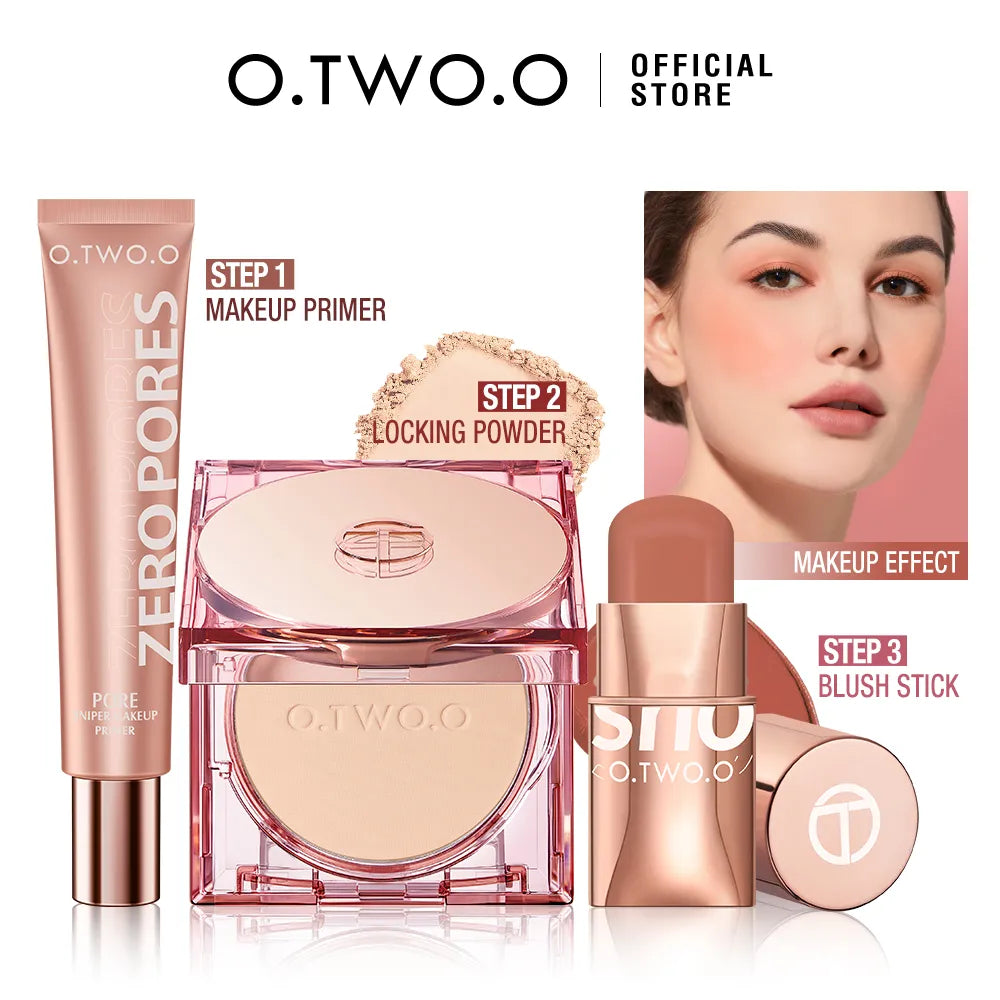 O.TWO.O 3pcs Makeup Set 3 In 1 Lipstick Blush Stick SPF 30PA+ Face Setting Powder Face Primer Makeup Base Cosmetics Kit