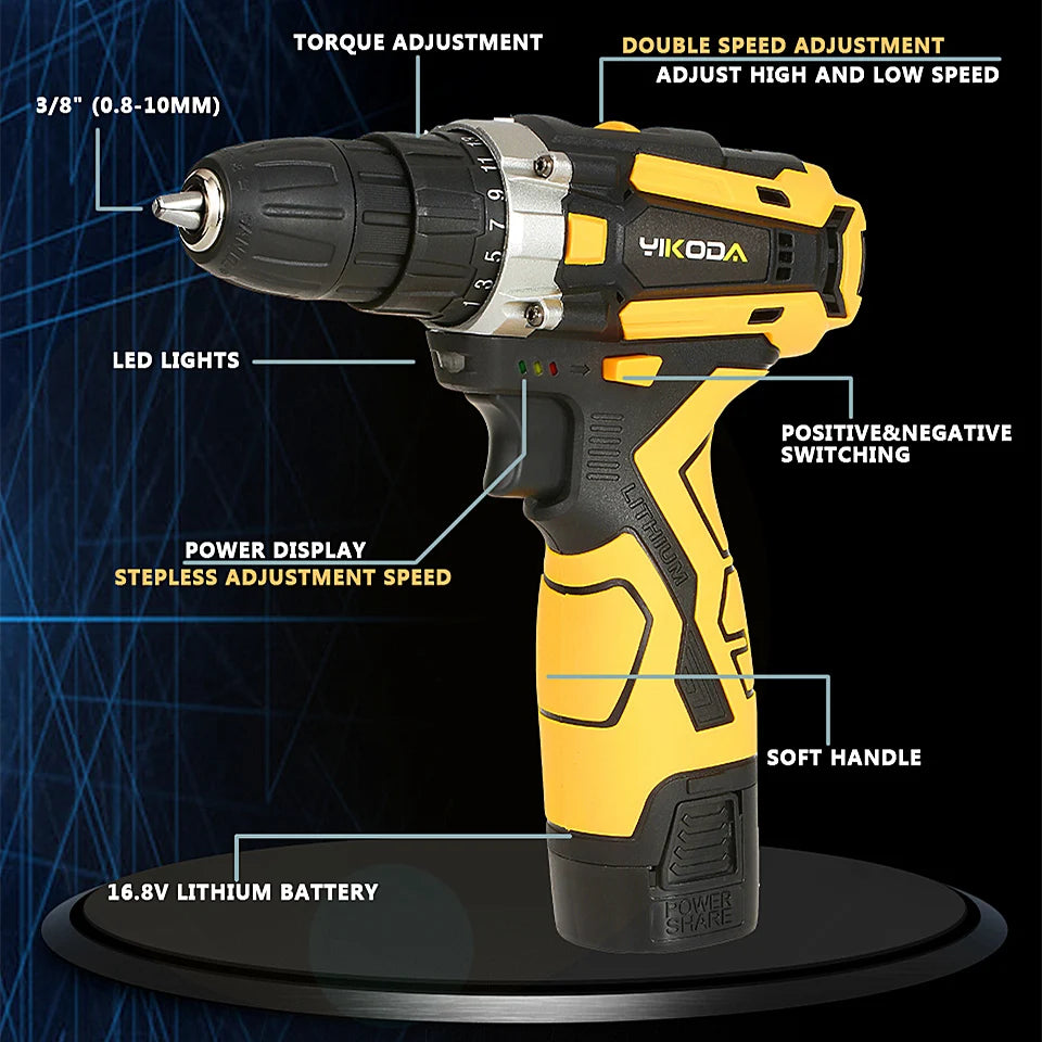 YIKODA 12/16.8/21V Cordless Drill Rechargeable Electric Screwdriver Lithium Battery Household Multi-function 2 Speed Power Tools