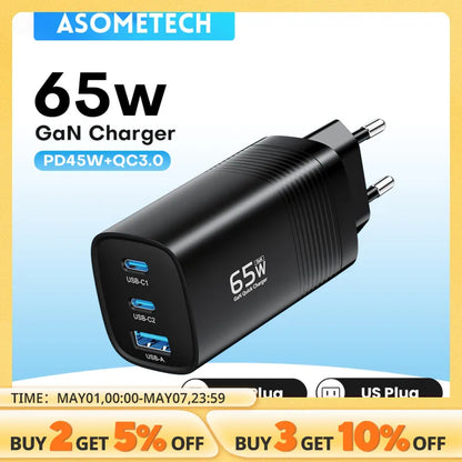 ASOMETECH GaN USB Type C Charger 65W 45W PPS PD QC4.0 Quick Charger For Macbook Laptop IPAD Tablet iPhone 14 Samsung S23 Ultra